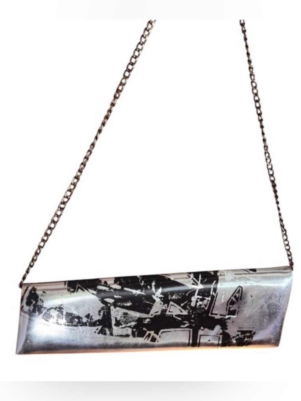 Christian Louboutin Metallic Silver Abstract Graphic Print Leather Clutch EUC
